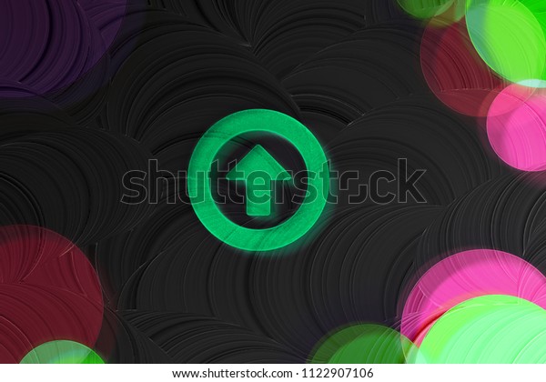 Neon Green Arrow Circle Up Glass\
Icon on the Black Painted Background. 3D Illustration of Green\
Arrow, Circle, Cursor, Up Icon Set on the Dark Black\
Background.