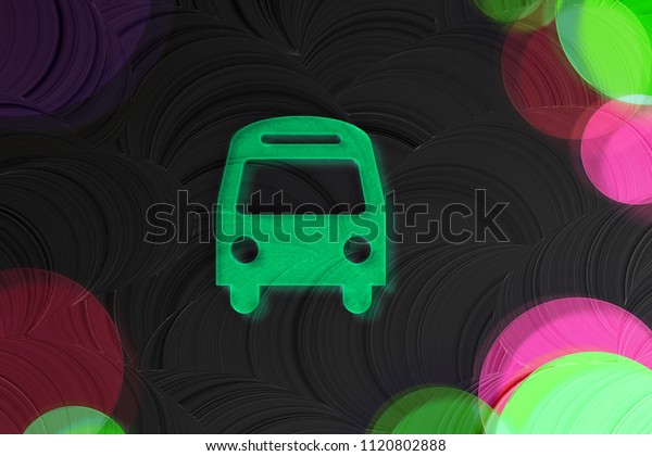 Neon Green Bus Glass Icon on the Black\
Painted Background. 3D Illustration of Green Bus, Coach, Vehicle\
Icon Set on the Dark Black\
Background.