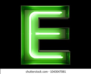 Neon Green Light Alphabet Character E Font. Neon Tube Letters Glow Effect On Black Background. 3d Rendering