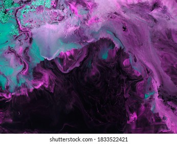 Neon Green And Purple Creative Painting, Abstract Hand Painted Background, Marble Texture, Acrylic Painting On Canvas. Modern Art. Contemporary Art.