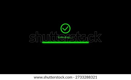 Neon green uploading progress bar with checkmark on black background image