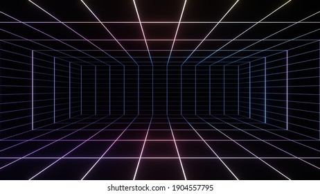 Neon Grid Space. 3d Rendering Picture.