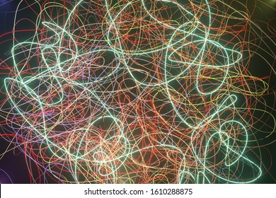 Neon Grow Lights, Messy Colorful String. For Graphic Design, Catalog, Texture Or Background. 3D Render.