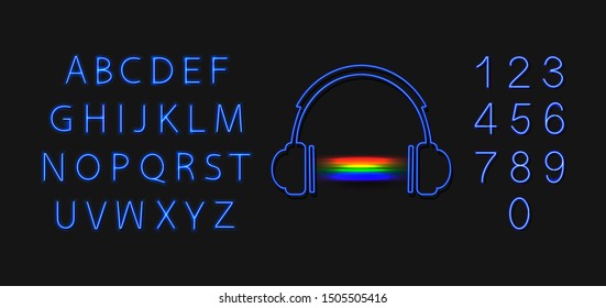 Neon Headphones With Rainbow Music Abstract Sound And Glowing Blue Font, Letter And Numbers Isolated On Black Background.