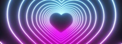 Neon Heart Over Black Background, 3d Render, Panoramic Image
