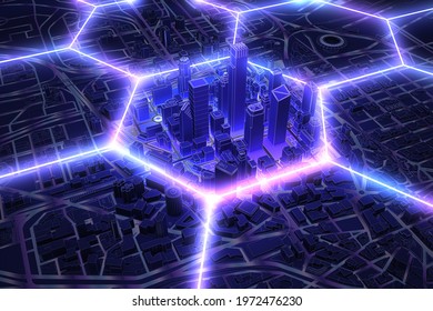 Neon Hexagon Wire Shape Over Dark City Aerial View. 3d Rendering