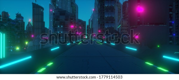 未来の街のネオンハイウェイ サイバーパンクスタイルの夜景 未来的な都市 3dイラスト 産業都市の壁紙 のイラスト素材