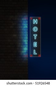 Neon Hotel Sign Glowing In The Night