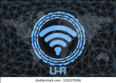 Neon Icon li-fi, With a dark background and a world map. Graphic concept for your design.