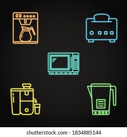 Neon Kitchen Smart Gadgets Icon Collection. Coffee Machine, Smart Toaster, Microwave Oven, Juicer And Kettle.