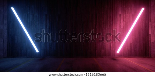 Neon Laser Beam Sci\
Fi Retro Lights Glowing Red Purple Blue On Wood Planks Wall Grunge\
Concrete Parking Floor Garage Car Showcase Room Underground 3D\
Rendering\
Illustration