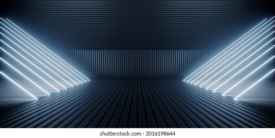 Neon Laser Blue White Led Lights Sci Fi Futuristic Modern Spaceship Dark Tunnel Corridor Hangar Garage Metal Glossy Showroom Empty Stage 3D Rendering Illustration