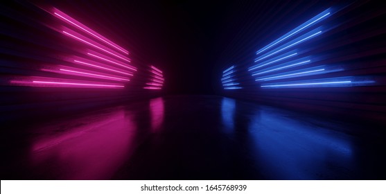 Neon Laser Cyber Sci Fi Line Shaped Lights Glowing Classic Retro Blue Red Purple Pantone Reflective Concrete Grunge Club Night Dance Floor Stage Showroom Studio 3D Rendering illustration
