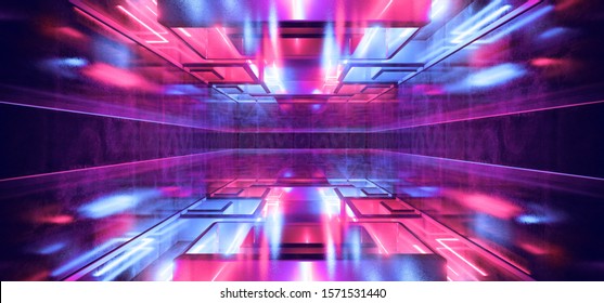 Neon Laser Stage Cyber Virtual Reality Blue Purple Glowing Beams Reflective Floor Dark Night Empty Spaceship Corridor Tunnel Background 3D Rendering 3D Rendering Illustration