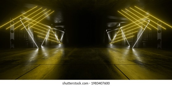 Neon Laser Yellow White Vibrant Sci Fi Futuristic Warehouse Empty Stage Showcase Room Corridor Tunnel Grunge Concrete Dark Underground Background 3D Rendering Illustration