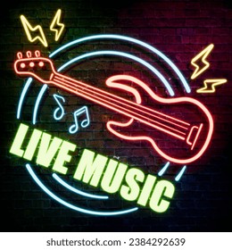 Neon or LED lights designed as symbols of music performances. Found in night clubs. There are elements of guitar, scales, lightning and live music writing. Attached to a brick wall. 3D rendering - Powered by Shutterstock