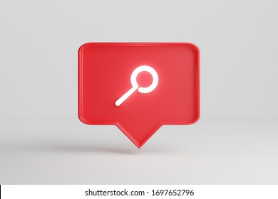 Neon Lens Or Search Symbol. Red Pin Chat Box Isolated Over A White Background.  3d Render Neon Sings.