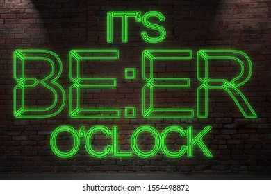 Neon Lettering Beer O´Clock On Brick Wall At Night