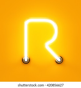 Neon Light Alphabet Character R Font. Neon Tube Letters Glow Effect On Orange Background. 3d Rendering