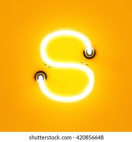 Neon Light Alphabet Character S Font. Neon Tube Letters Glow Effect On Orange Background. 3d Rendering