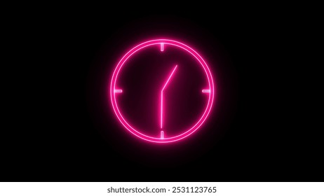 neon light analog clock isolated animated on black background. Stopwatch.