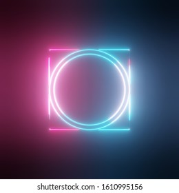 Neon light circles and square frames on dark background. 3D illustration