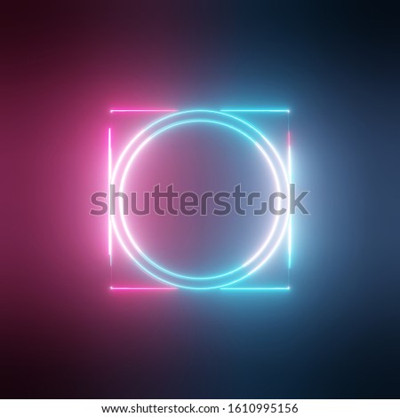Neon light circles and square frames on dark background. 3D illustration