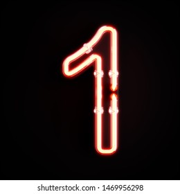 Neon light digit alphabet character 1 one font. Neon tube letter glow effect on orange background. 3d rendering