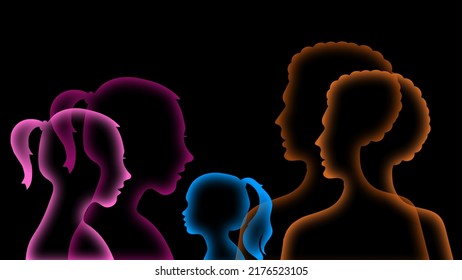 Neon Light. Drawing Of A Human Silhouette.
Family Relations Between People And Relatives.