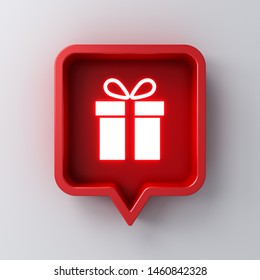 Neon Light Gift Icon In Red Social Media Notification Speech Bubble Box Pin Isolated On Dark White Wall Background With Shadow 3D Rendering