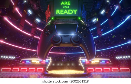 Neon light glow e-sport arena with the big joy pad in middle stadium, 3d rendering background illustration.
