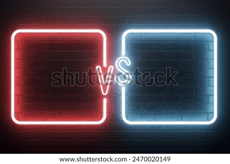 Neon light text vs between two neon borders on a dark brick background, symbolizing a versus concept in a modern graphic style. 3D Rendering