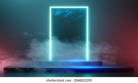 Neon Light Time Portal With Smoke. 3D Illustration