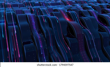 Neon Light Trails On Wavy Surface. Abstract Technology Design. 3D Rendering
