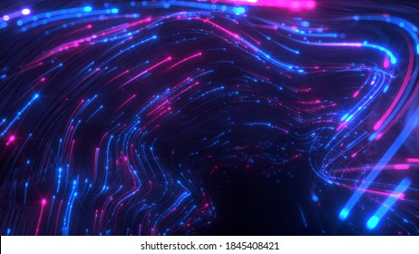 Neon light trails vortex. Cyberpunk sci-fi portal for teleportation with energy streams. Abstract background. 3D render