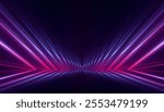 Neon light in tunnels, rays and lines. Perspective of light in motion. Dark abstract neon background, empty stage.