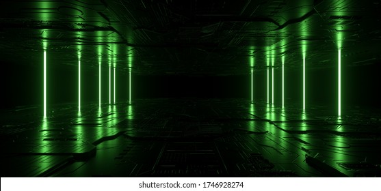 Neon Lights Glowing Line Beams Lasers Podium Showcase Green Metal Concrete Underground Sci Fi Futuristic Cyber Synth Dance Club Spaceship Dark Night Background 3D Rendering Illustration