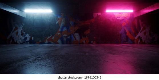 Neon Lights Grunge Graffiti Street Wall Sci Fi Underground Garage Car Room Cement Asphalt Concrete Brick Wall Realistic Blue Purple Colors Cyber Background 3D Rendering Illustration