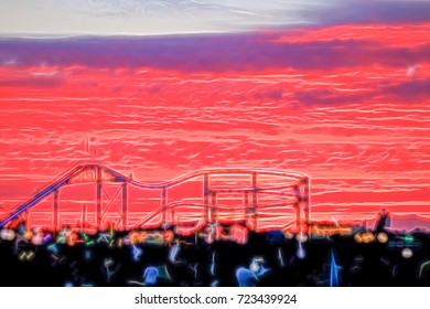 Neon Line Cartoon Drawing; Sunset at the Santa Monica Pier in August