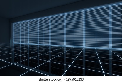 Neon lines in the black empty room, 3d rendering. Computer digital drawing.