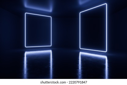 Neon lines with interior scenes, 3d rendering. Digital drawing.