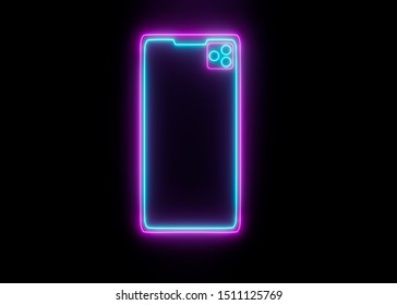 Neon Mobile Phone On Black Background, Futuristic Digital Illustration. Smartphone Perspective Vibrant View With Blank Screen, Camera Lenses And Space For Text, Modern Laser Led Concept.