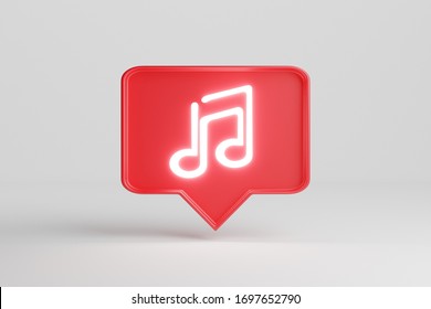 Neon Music Symbol. Red Pin Chat Box Isolated Over A White Background.  3d Render Neon Sings.