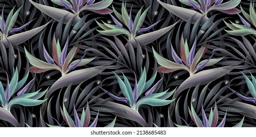 Neon Mystic Seamless Pattern. Vintage Strelitzia Flowers, Palm Leaves, Night Fireflies. Luxury Wallpaper, Dark Mural, Cloth, Curtains, Poster, Paper. 3d Illustration, Black Background, Premium Texture