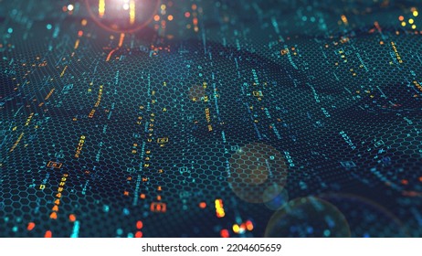 Neon Network Of Digital Data Streams. 3D Illustration Of Cyber Field Hi-tech Neuro Grid