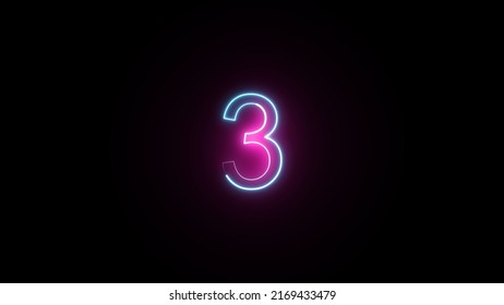 Neon Number 3 On Black Background. Three. 3D Render.