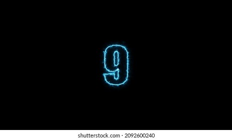 Neon Numbers Nine Glowing On An Alpha Channel Background.  Number 9 Glowing In The Dark,  Neon Light