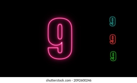 Neon Numbers Nine Glowing On An Alpha Channel Background.  Number 9 Glowing In The Dark,  Neon Light