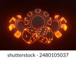 Neon orange glowing dice and poker chips on a dark background, creating a futuristic and vibrant casino theme. 3D render illustration