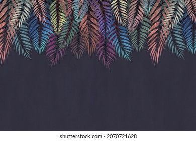 Neon palm leaves on top in warm colors. Pattern. Fresco, Wallpaper for interior decoration.